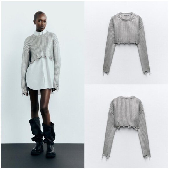Zara ZW Collection CONTRAST TRIM KNITTED POLO SWEATER Silver / Metallic Size L - Picture 1 of 16